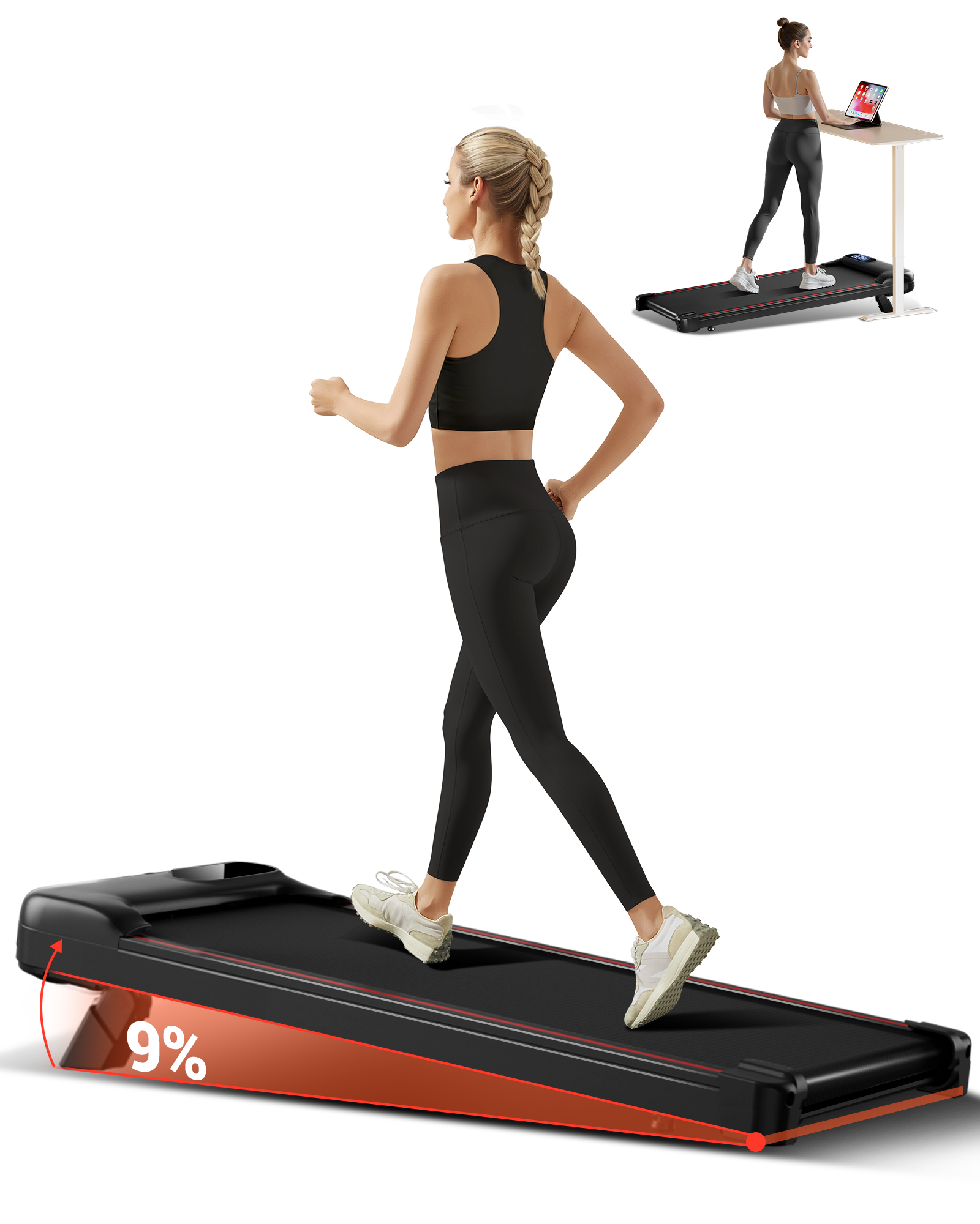 Woman running on a treadmill with a desk attachment in the background