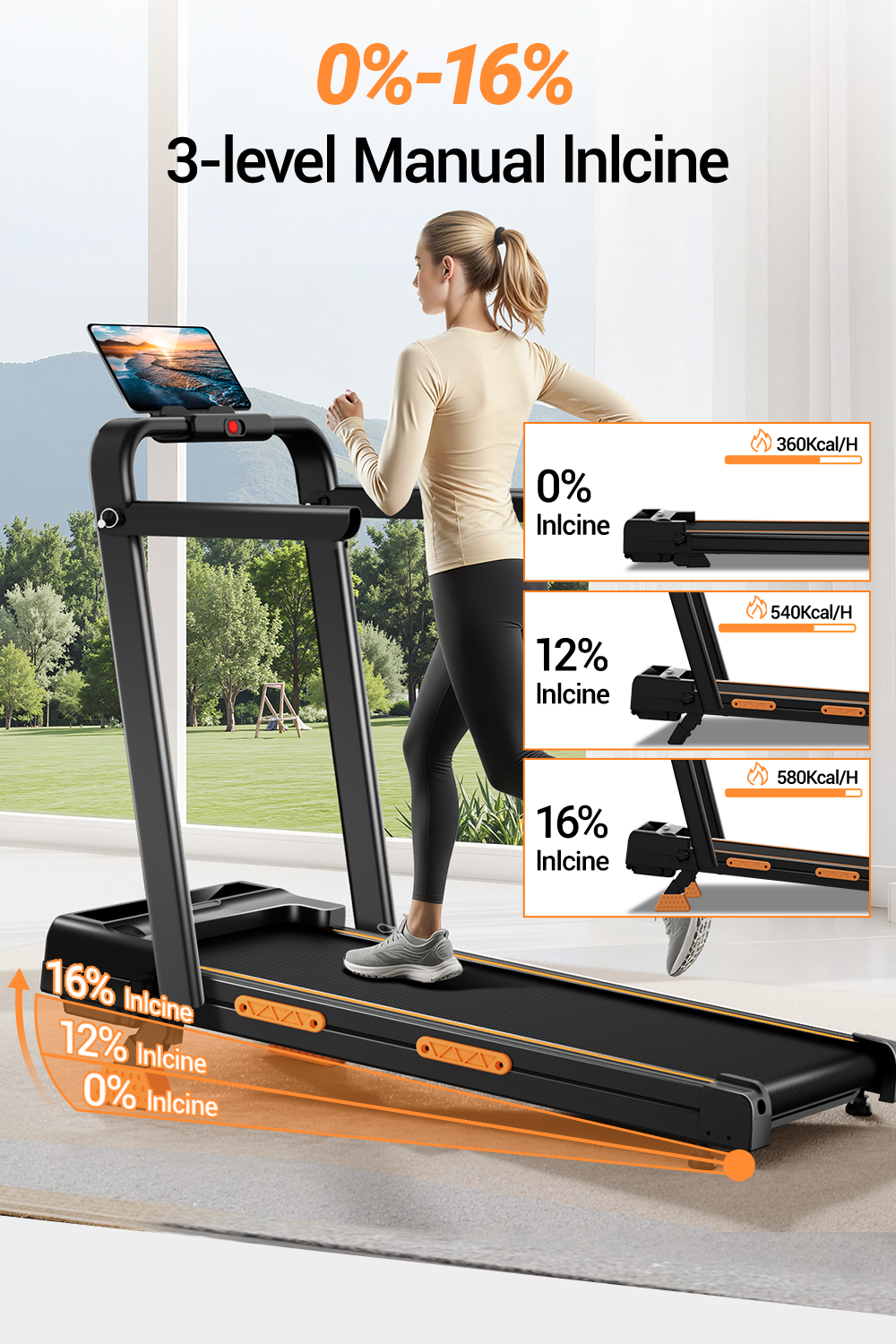Treadmill with 3-level manual incline feature, woman using treadmill outdoors.