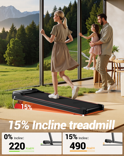 Woman using a treadmill with a scenic view of a family and nature outside.