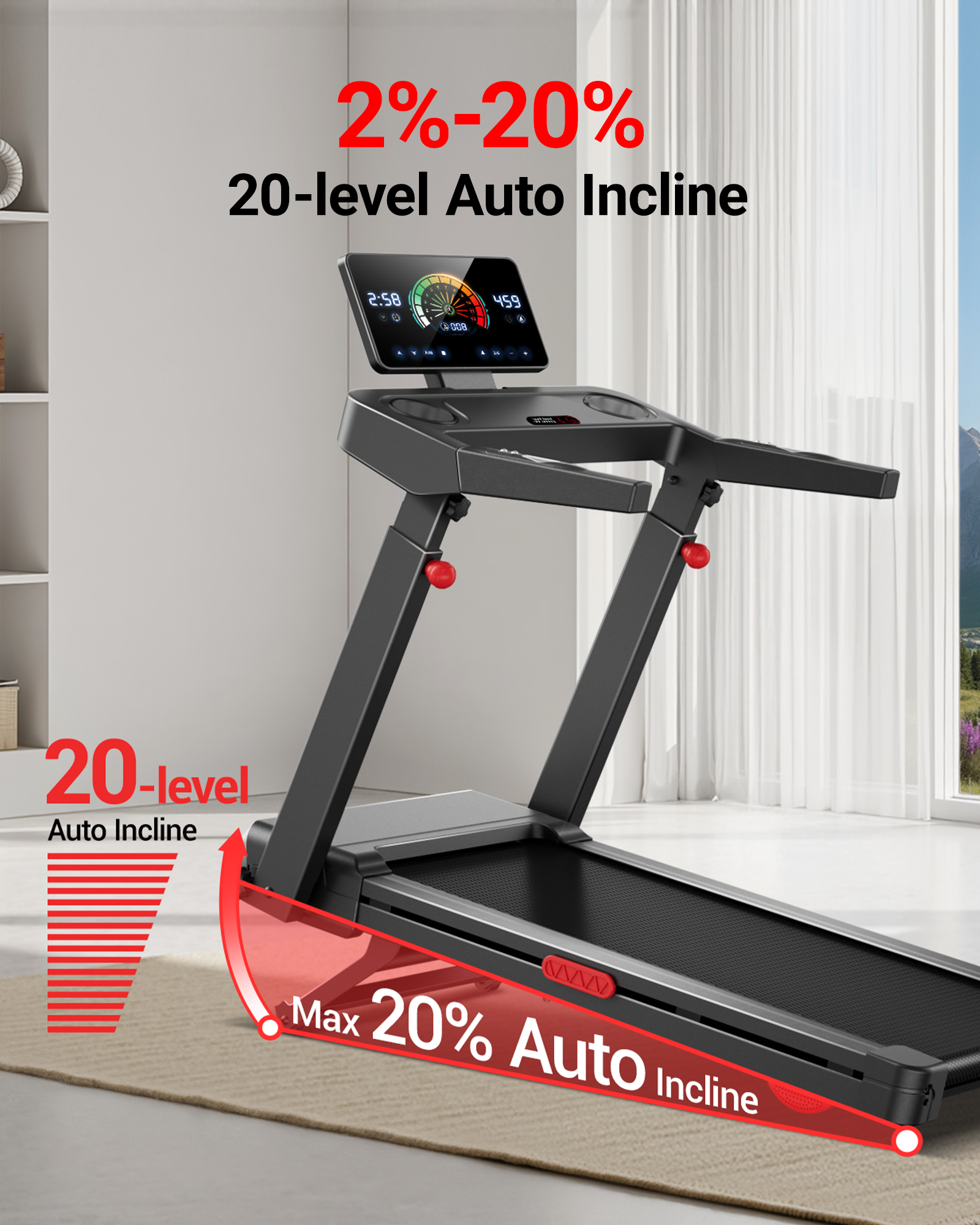 Treadmill with auto incline feature in a home setting