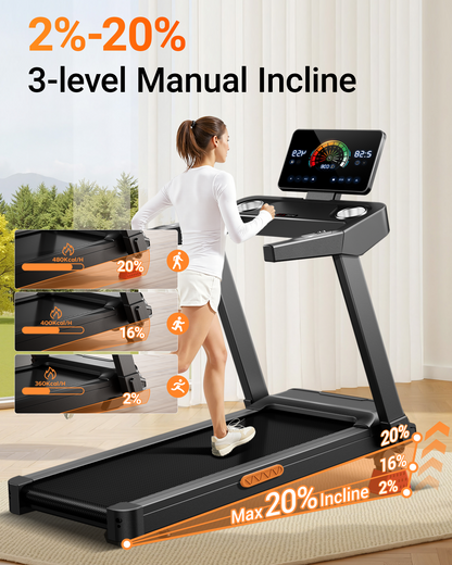 Treadmill with 3-level manual incline feature, woman using treadmill, outdoor view.