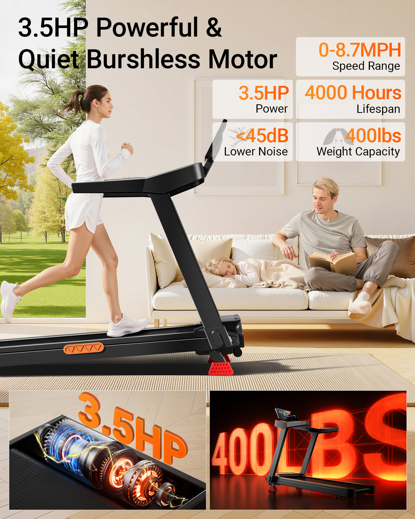 Treadmill with features highlighted, including power, speed range, noise level, and weight capacity.