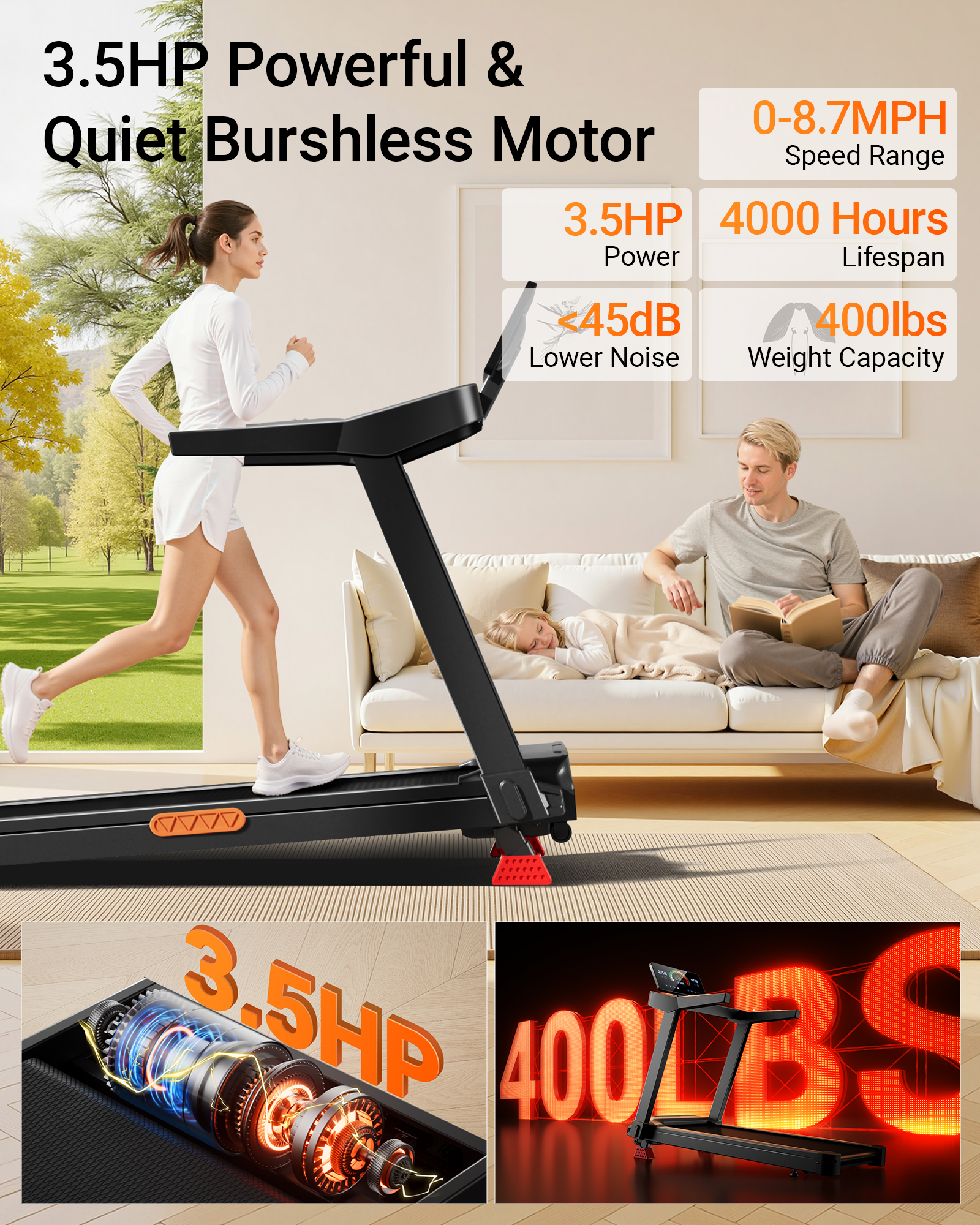 Treadmill with features highlighted, including power, speed range, noise level, and weight capacity.