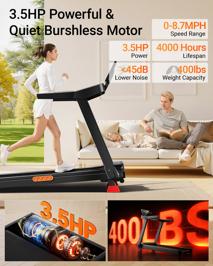 Treadmill with features highlighted, including power, speed range, noise level, and weight capacity.