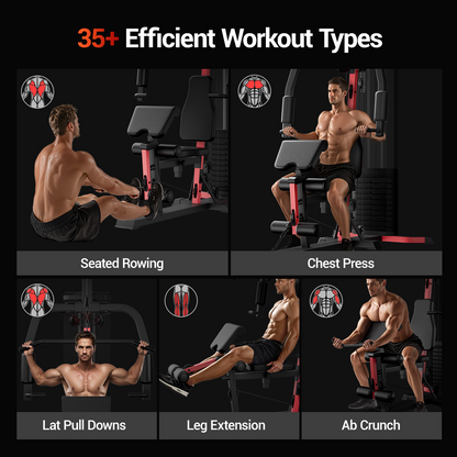 Fitness equipment with various exercises demonstrated, including seated rowing, chest press, lat pull downs, leg extension, and ab crunch.