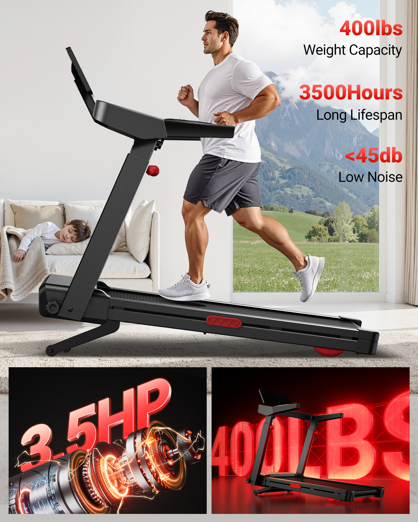Man running on a treadmill with product features highlighted