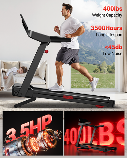 Man running on a treadmill with product features highlighted