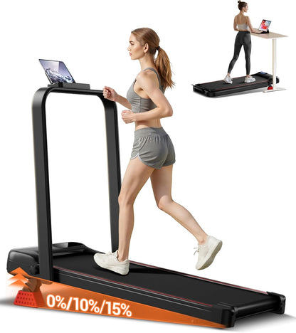 Woman running on a treadmill with adjustable incline, featuring a laptop on the console.