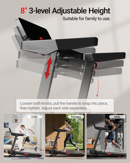 Treadmill with adjustable height feature, suitable for family use, on a light gray background.