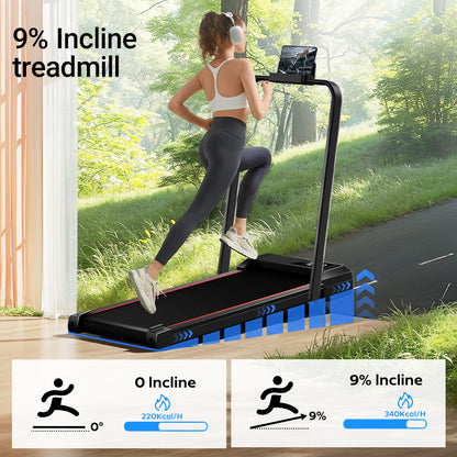 Woman using a treadmill with 9% incline outdoors, showing calorie burn comparison.
