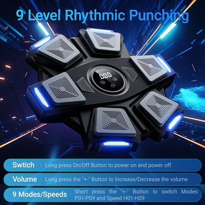 Black rhythmic punching glove with digital display and buttons on a dark background