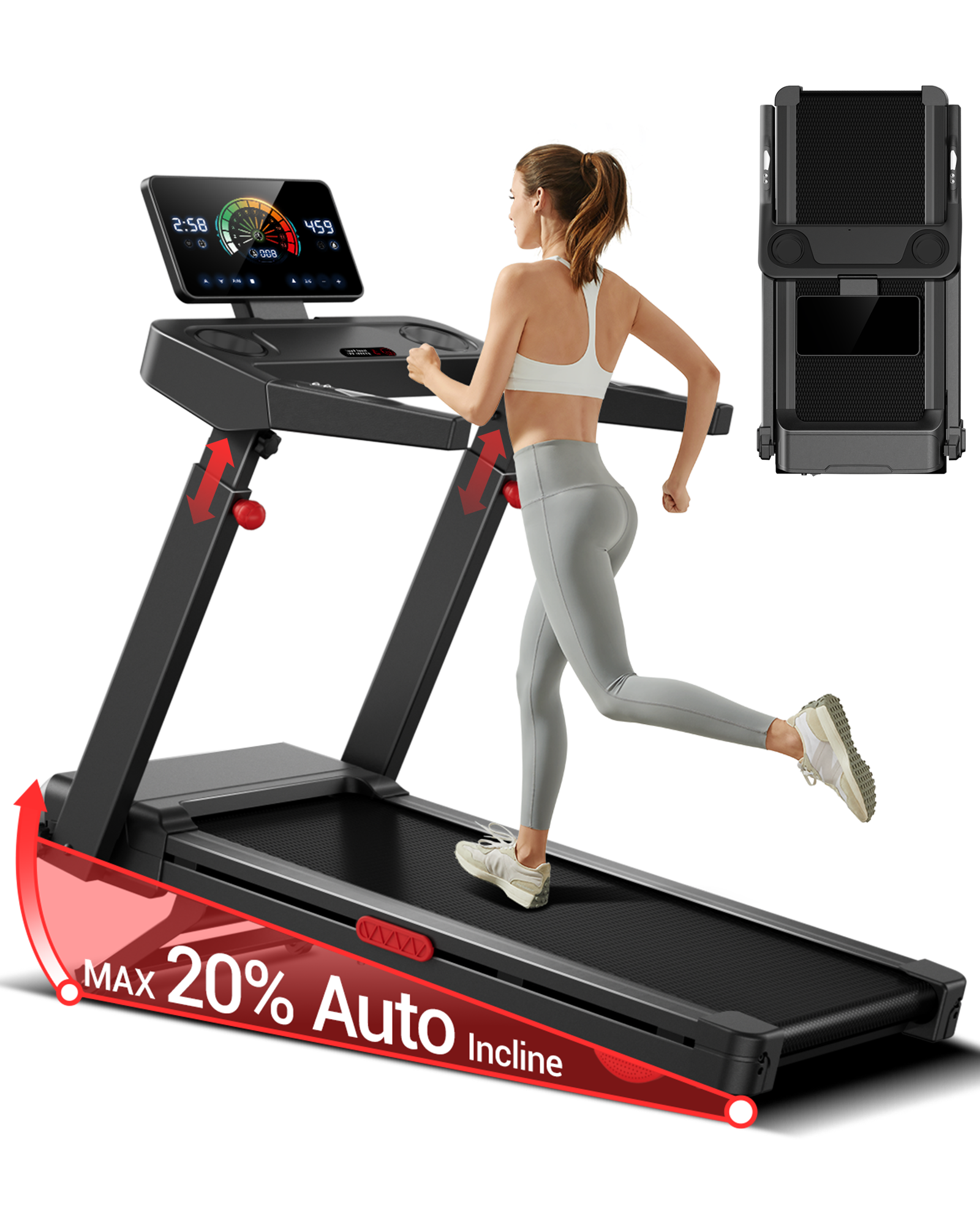Treadmill with auto incline feature and a woman running on it, with inset showing incline sensor.