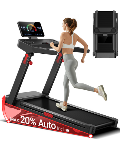 Treadmill with auto incline feature and a woman running on it, with inset showing incline sensor.