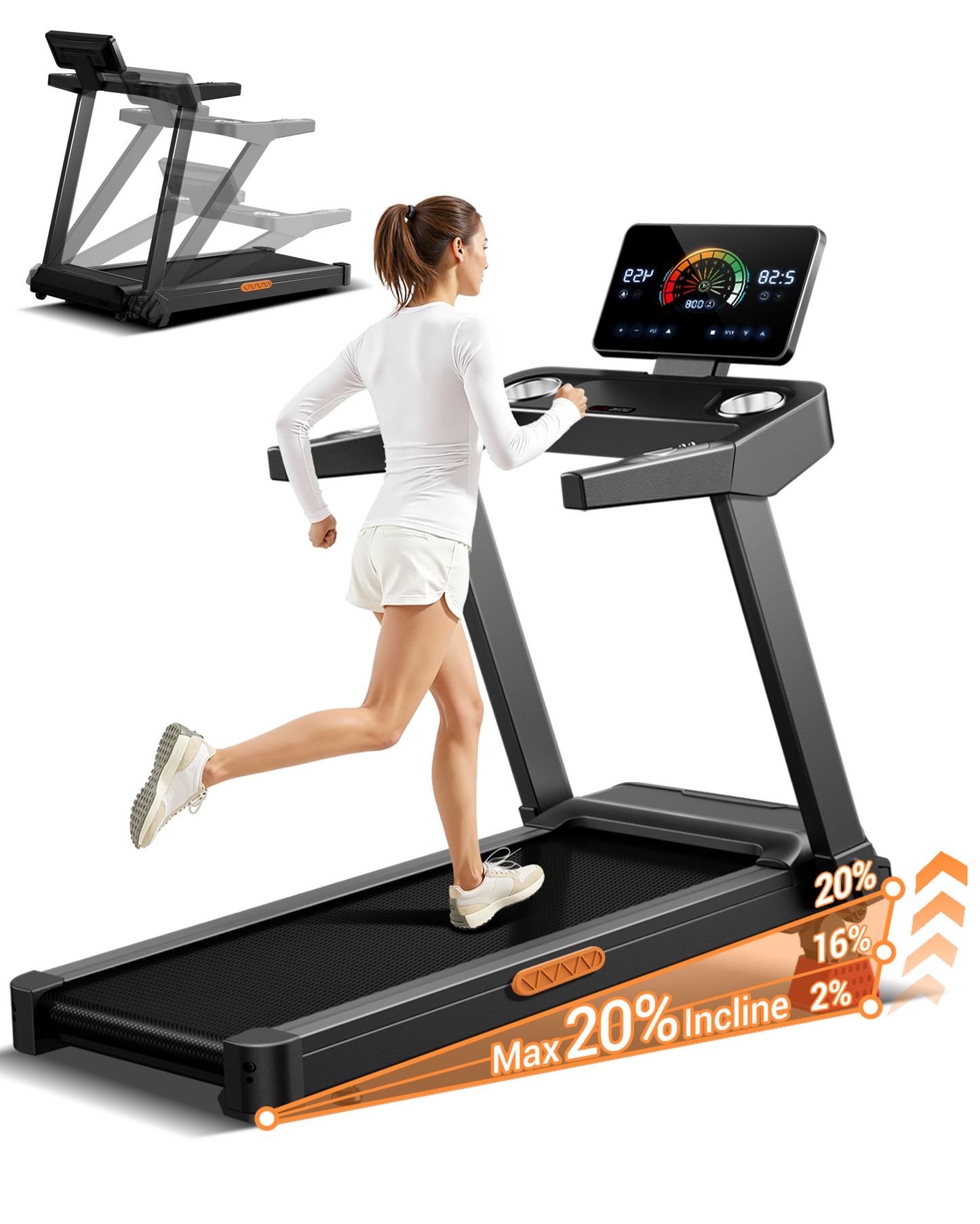 Woman running on a treadmill with a digital display, featuring adjustable incline.
