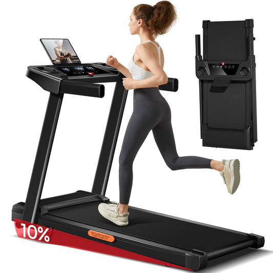 Woman running on a treadmill with a laptop on the console, showing a close-up of the treadmill's console.