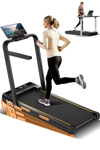 Woman running on a treadmill with a display screen, inset showing a person using a standing desk.
