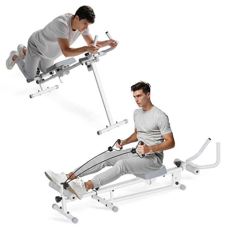 Man using a rowing machine on a white background