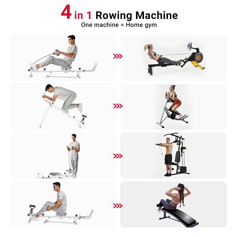 Multifunctional rowing machine with various exercises demonstrated on a white background