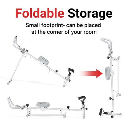 Foldable storage system with text indicating small footprint and corner placement.