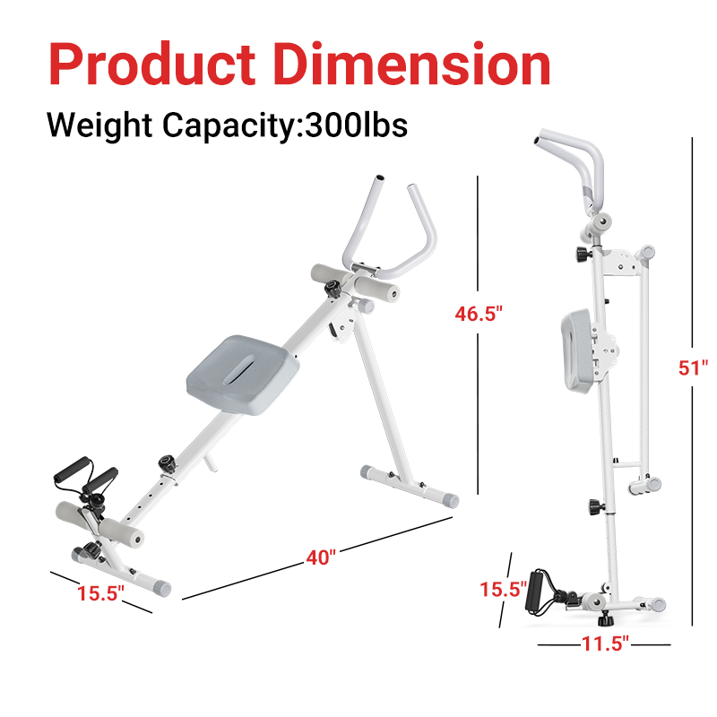 Gym exercise machine with dimensions and weight capacity on a white background