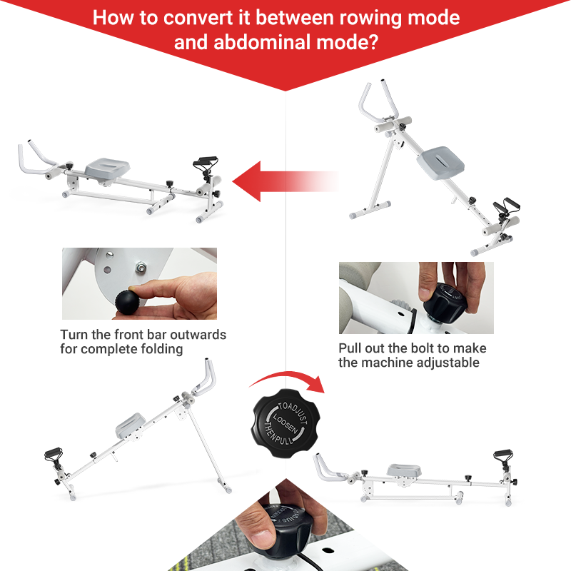 Instructions on how to convert a piece of exercise equipment between rowing mode and abdominal mode.