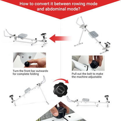 Instructions on how to convert a piece of exercise equipment between rowing mode and abdominal mode.