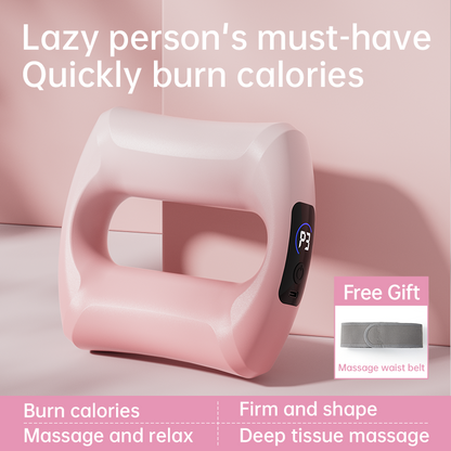 Pink massage device with digital display on a pink background, labeled as a 'lazy person's must-have' for burning calories.