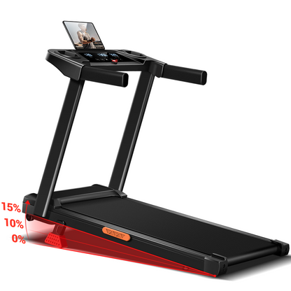 Black treadmill with incline feature on a white background