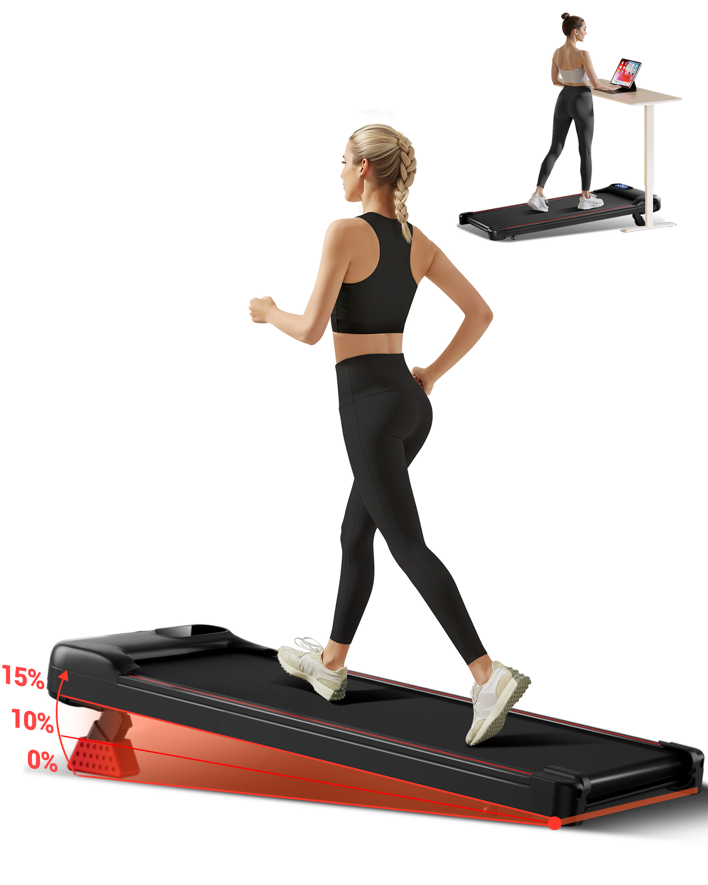 Woman using a treadmill with adjustable incline, standing at a desk with a laptop.