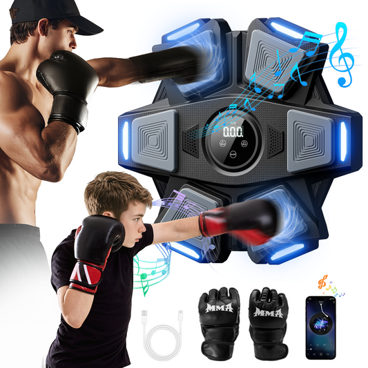 Boxing setup with digital boxing bag, gloves, and smartphone app on a white background