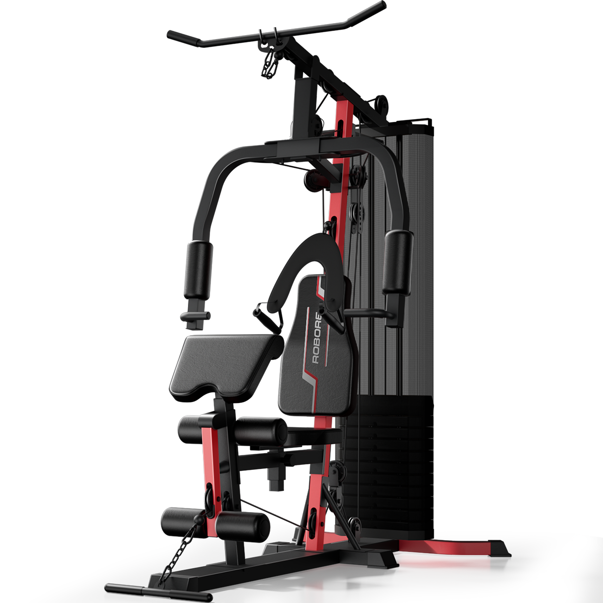 Gym machine with black and red design on a white background