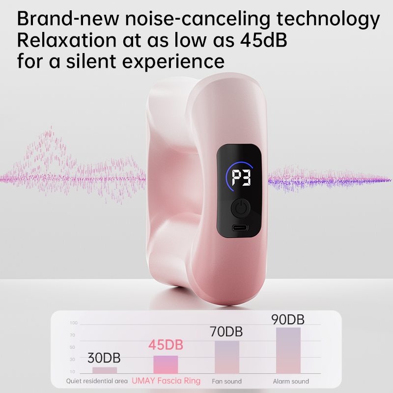 Pink earbud with digital display on a white background, featuring text about noise-canceling technology.