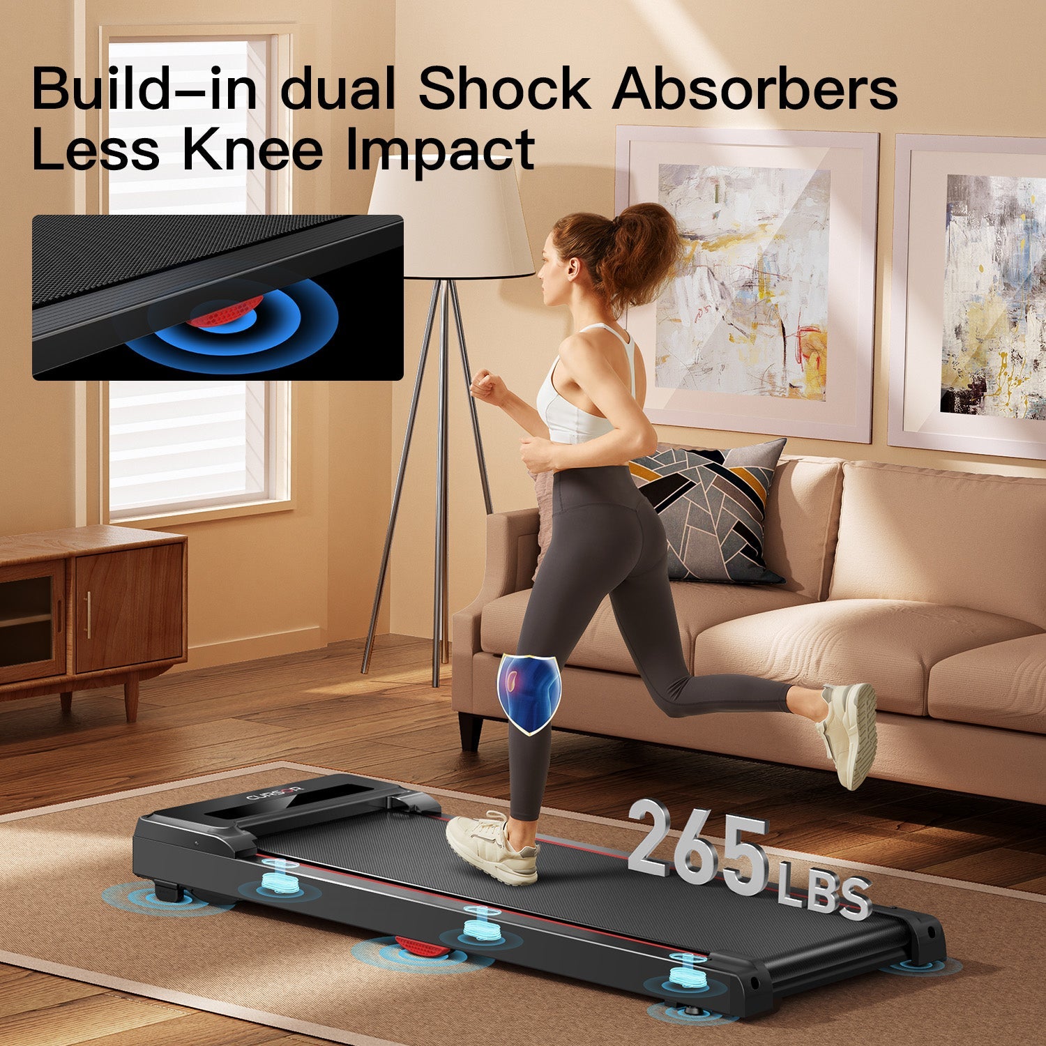 Woman running on a treadmill with dual shock absorbers feature highlighted in a living room.