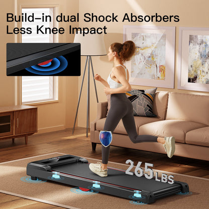 Woman running on a treadmill with dual shock absorbers feature highlighted in a living room.