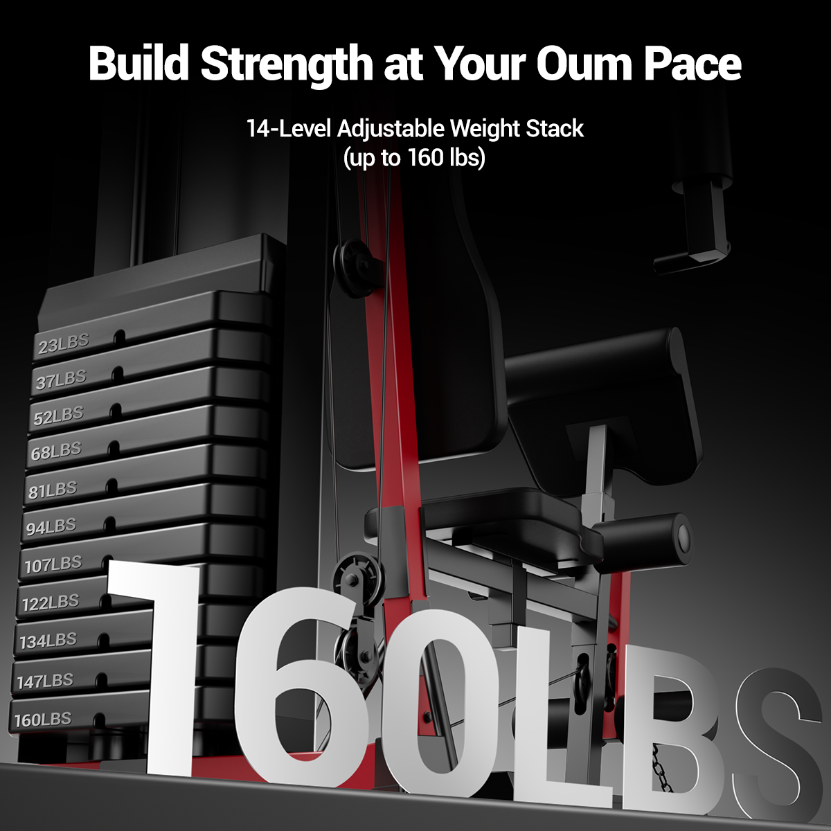 Gym weight stack with adjustable weights and text promoting strength training.