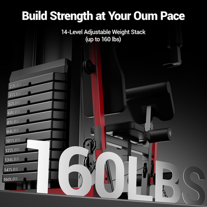Gym weight stack with adjustable weights and text promoting strength training.