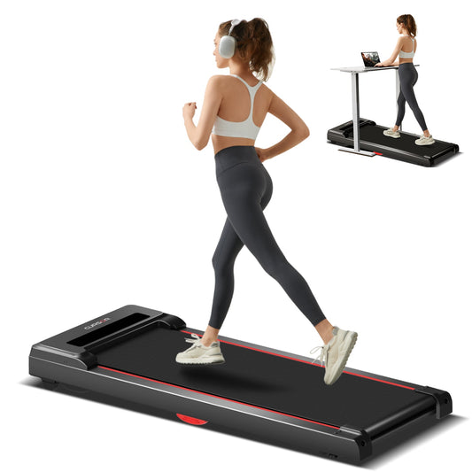 Woman using a treadmill with a side view of a person using a treadmill desk.