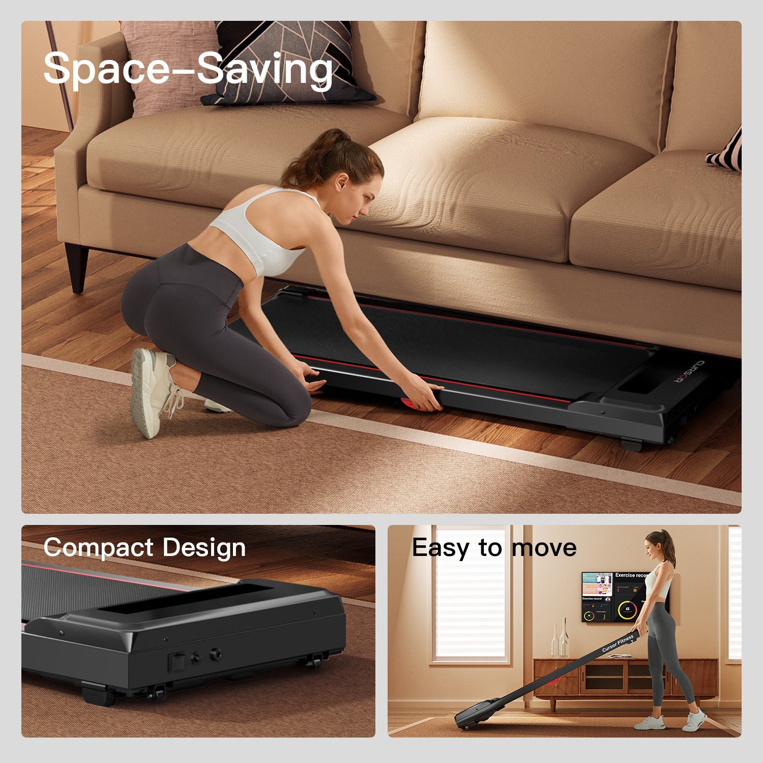 Woman setting up a compact vacuum cleaner in a living room with text highlighting space-saving and easy-to-move features.