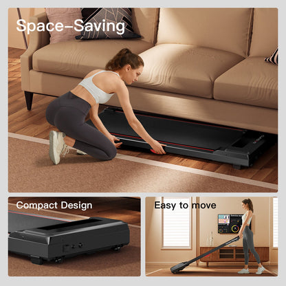 Woman setting up a compact vacuum cleaner in a living room with text highlighting space-saving and easy-to-move features.