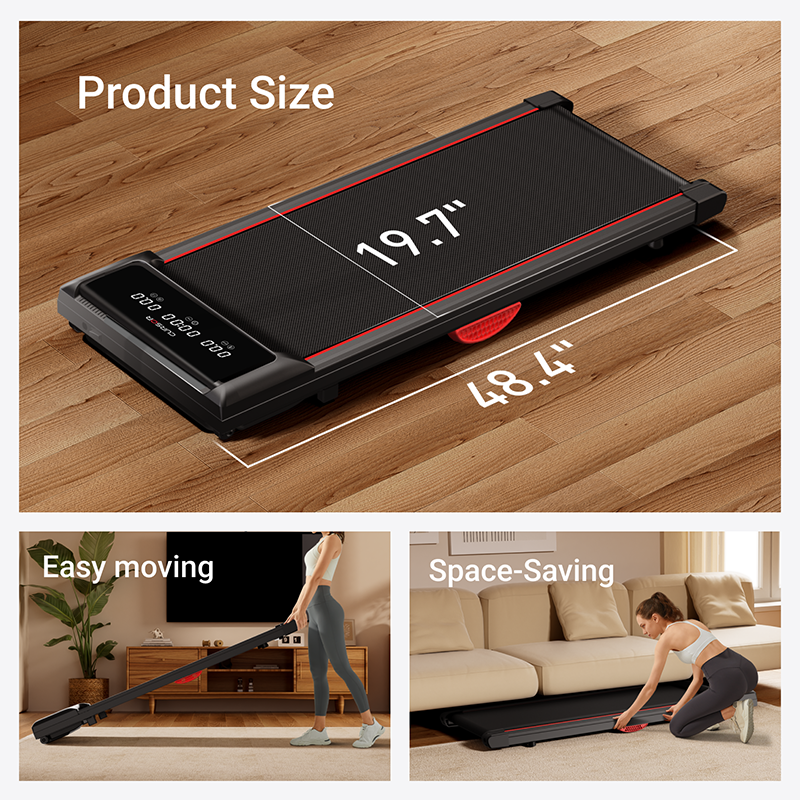 Portable treadmill with dimensions and ease of movement features on a wooden floor.