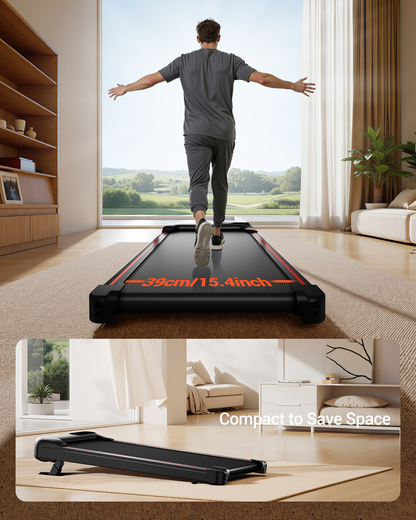 Man using a treadmill in a modern living room with a view of nature.
