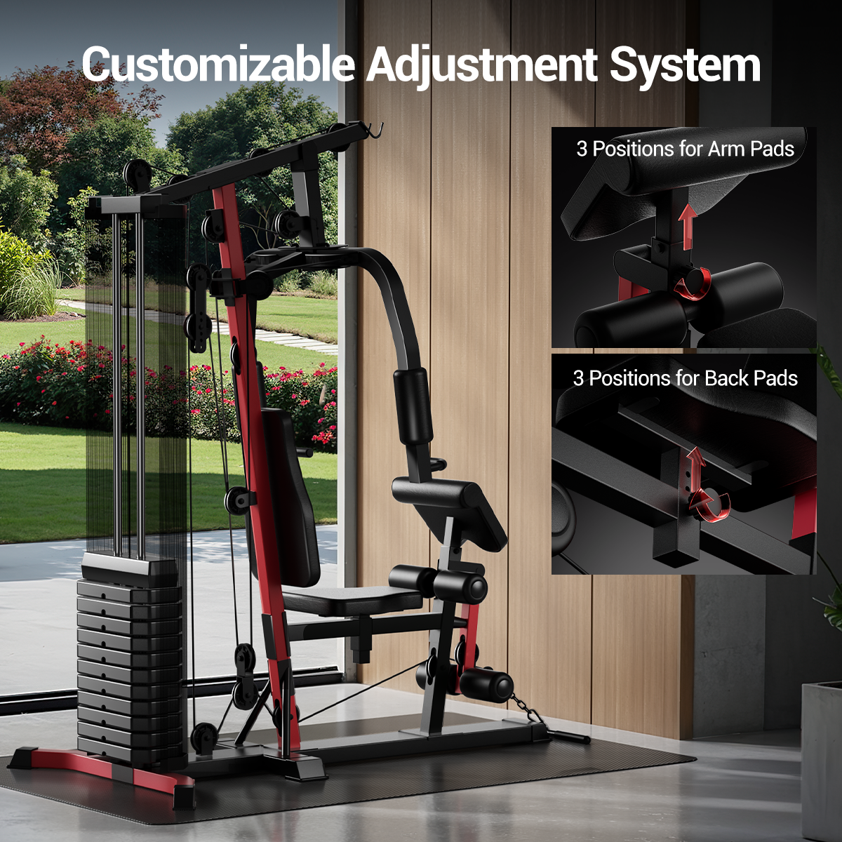 Home gym equipment with customizable adjustment system in a backyard setting