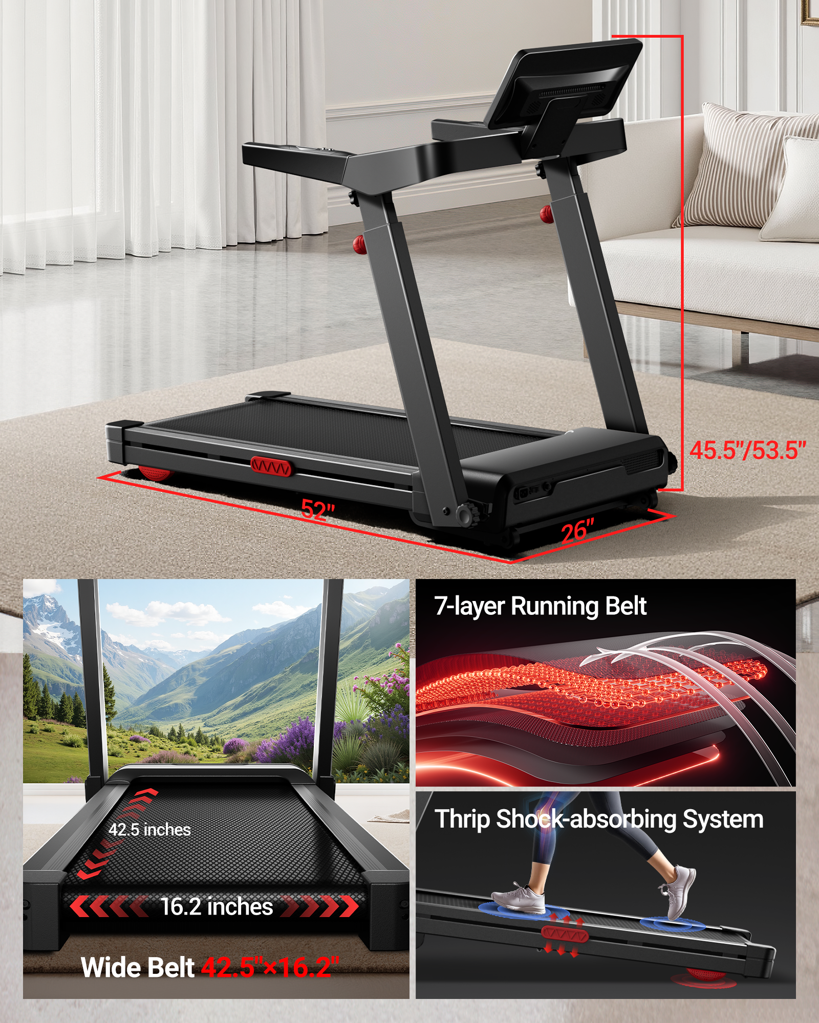 Treadmill with specifications and features displayed on a living room floor.