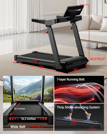 Treadmill with specifications and features displayed on a living room floor.
