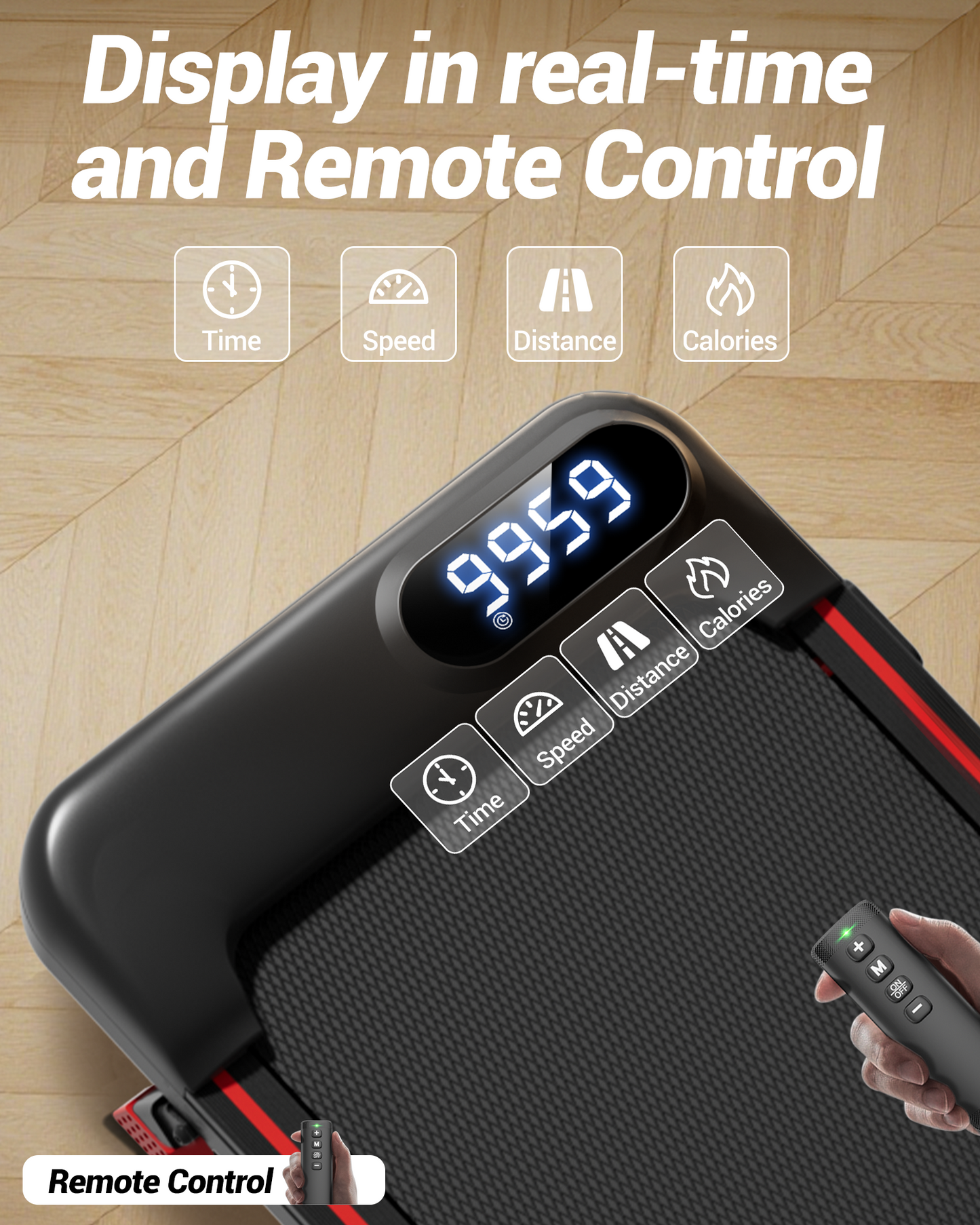Treadmill with digital display and remote control on a wooden floor