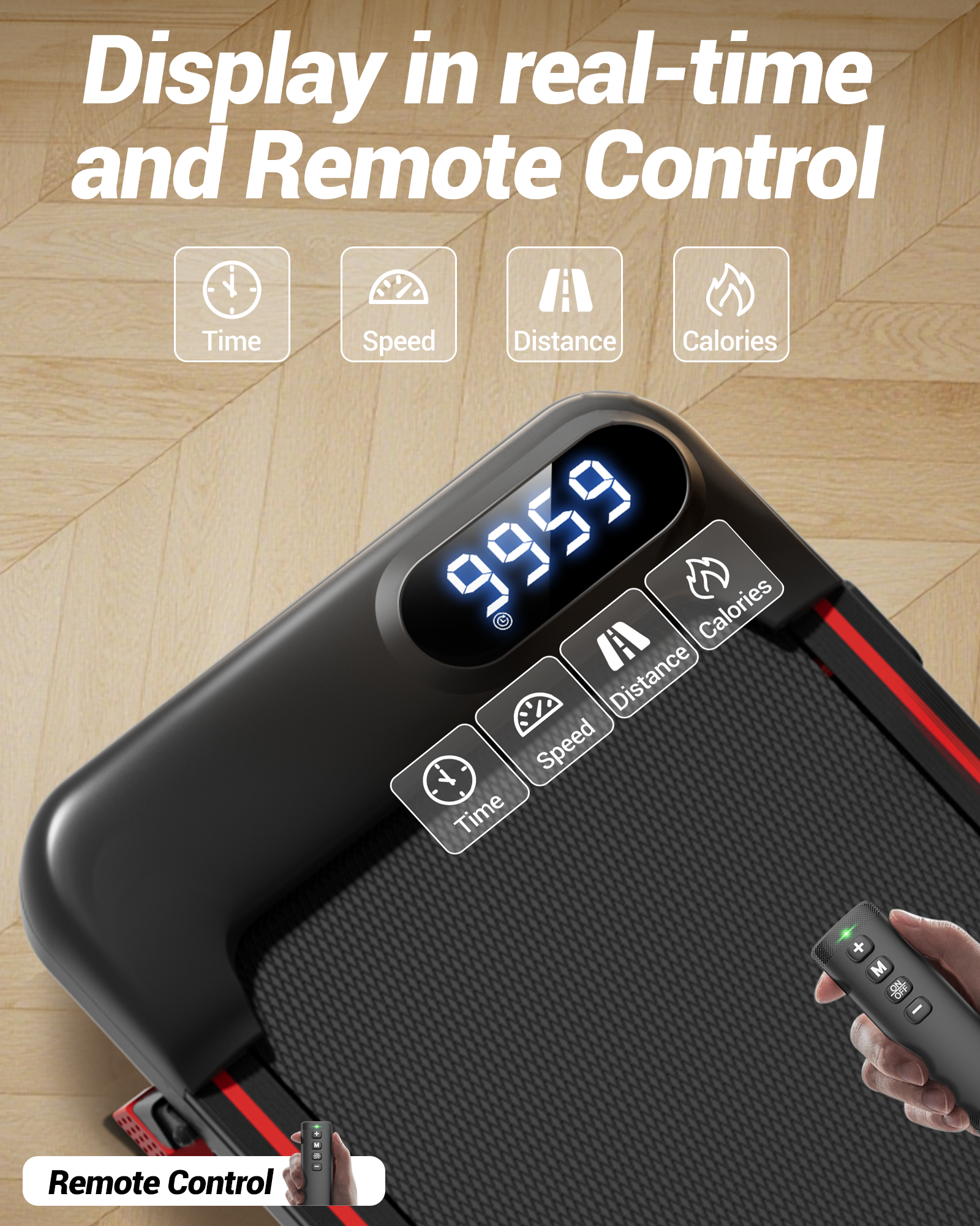 Treadmill with digital display and remote control on a wooden floor