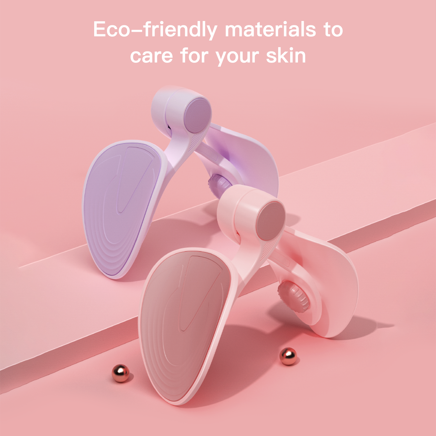 White and purple skincare device on a pink background with text about eco-friendly materials.