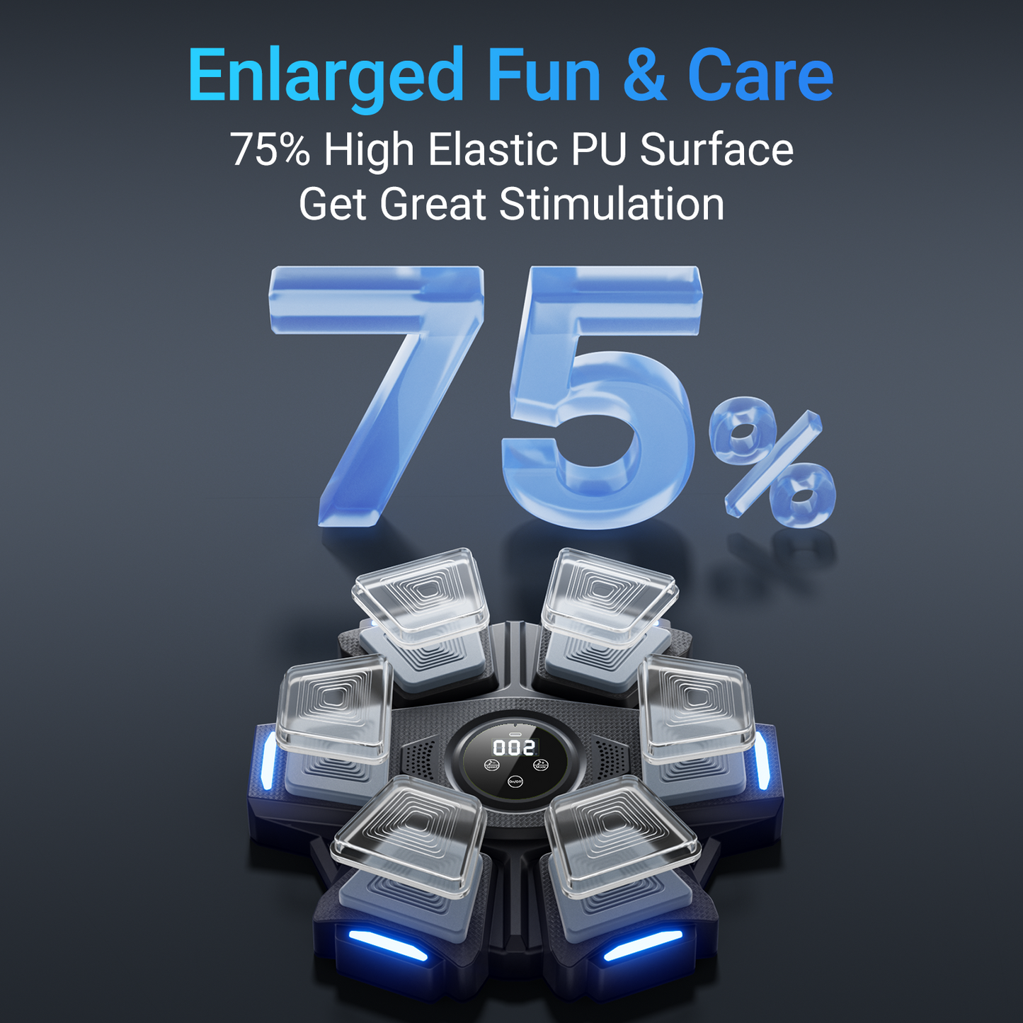 Product with text about high elastic PU surface and stimulation on a dark background