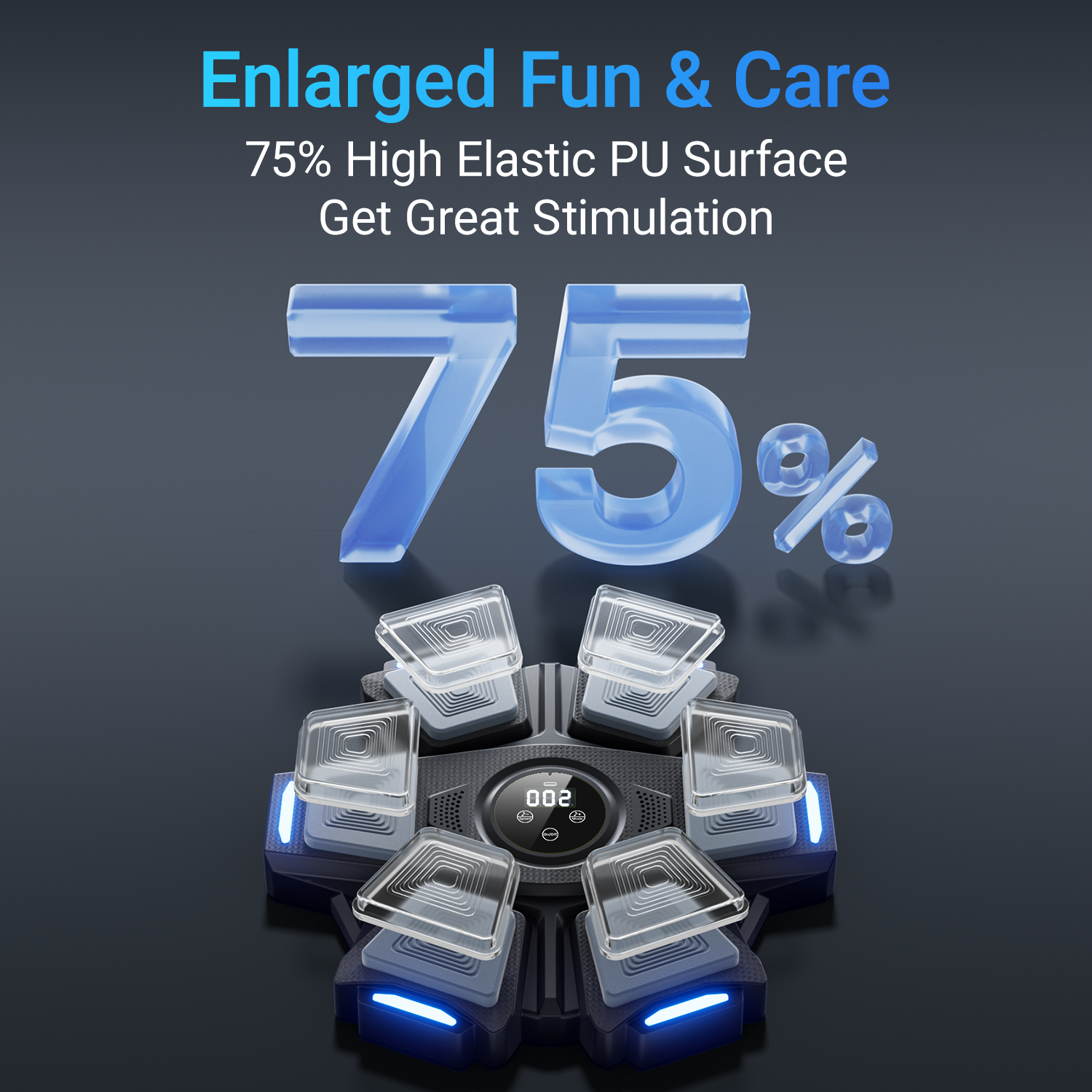 Product with text about high elastic PU surface and stimulation on a dark background