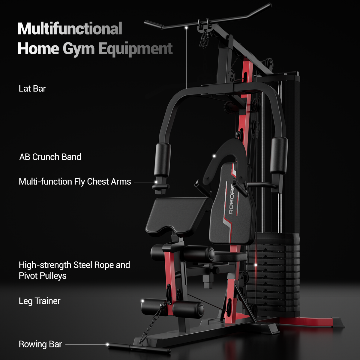 Multifunctional home gym equipment with labeled components on a black background